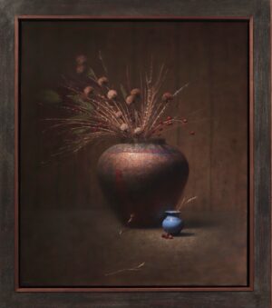 stilllife painting by Jeremy Goodding depicting pottery with a small blue flower