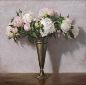 still life painting by Paula Holtzclaw od white and pale pin peonies and roses in a burnished vase
