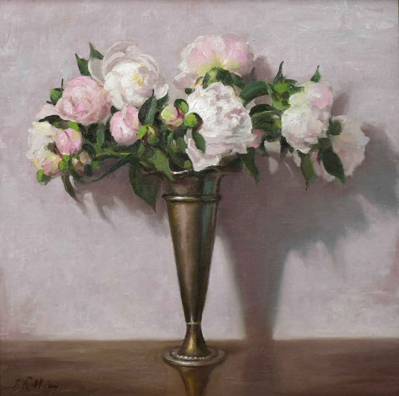 still life painting by Paula Holtzclaw od white and pale pin peonies and roses in a burnished vase