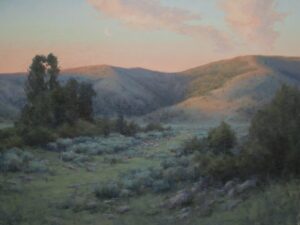 landscape painting by Kyle Stuckey of a mountain or large foothill in the background with a valley in the foreground