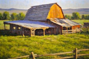 landscape painting of a rustic wooden barn with a tin roof