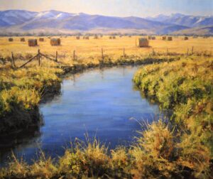 landscape painting by Greg Scheible of a mountain creek in a valley with brown grasses and with a mountain range in the far distant background