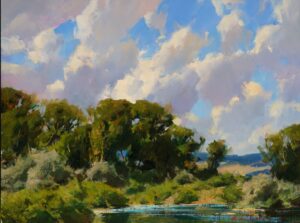 landscape painting by Kimball Geisler of a cloudy and blue sky above a grove of trees at the water's edge in a maountain valley