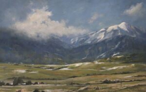 landscape painting by Paula Holtzclaw of a snowcapped mountain range and valley