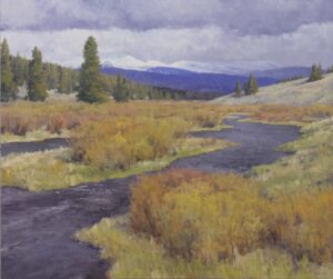 landscape painting by Keith Bond of a western valley with mountains in the background