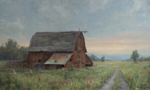 landscape paintin gby Kyle Stuckey of a rustic barn, with a dirt path in front of it.
