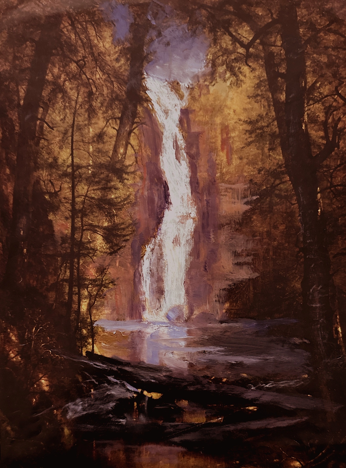 landscape painting by MC Poulson of a tall waterfall