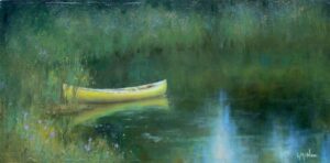 landscape painting by Lori McNee of a yello canoe in the water near the bank.