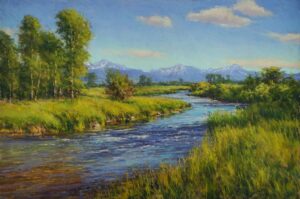 pastel landscape painting by Aaron Schuerr of a mountain creek in a valley with green grasses and with a mountain range in the far distant background