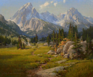 landscape painting by Cindy Baron of a snow-crusted mountain in the background with a valley, trees and small stream in the foreground