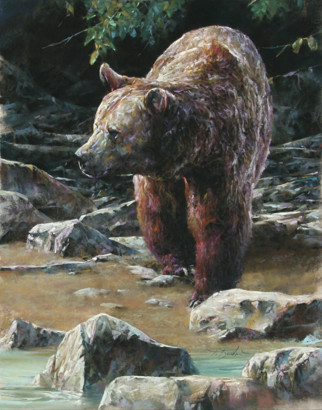 figural painting by Terry Donahue of.a bear standing on a rock near a creek