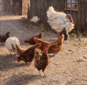 figural painting by Scott Tallman Powers of chickens and a turkey