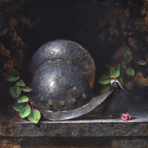still life painting by Jeff Legg of a steel sentinel helmet with some foiliage and a bird