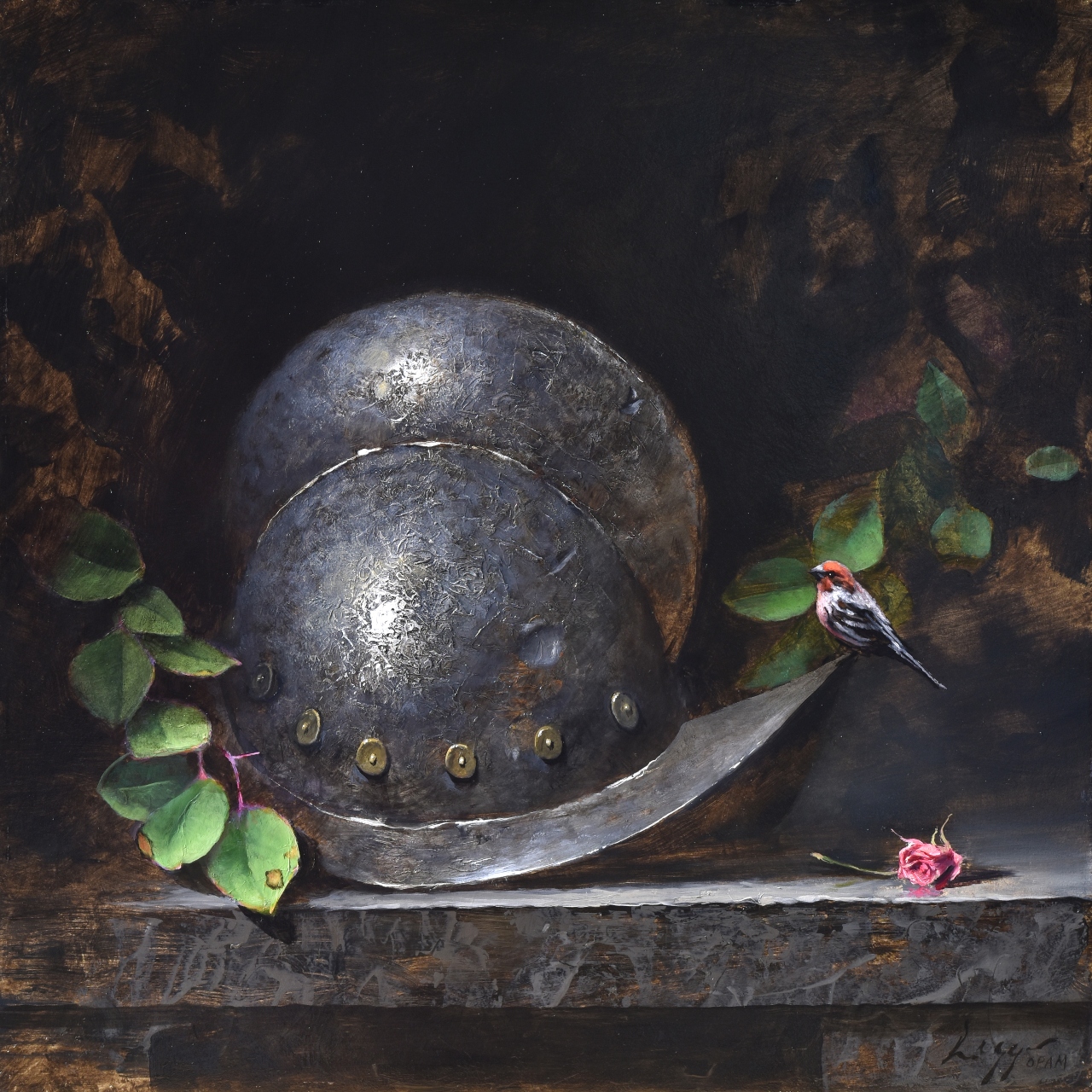 still life painting by Jeff Legg of a steel sentinel helmet with some foiliage and a bird