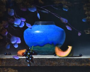 Still life painting by Jeff Legg of a bright blue pottery vase filled with some blue blossoms