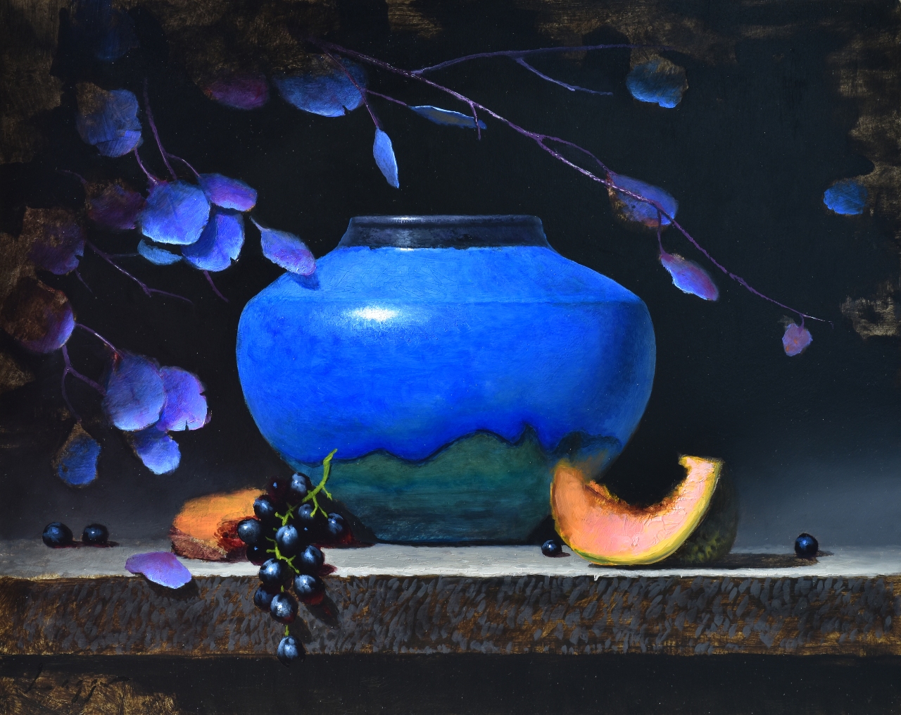 Still life painting by Jeff Legg of a bright blue pottery vase filled with some blue blossoms