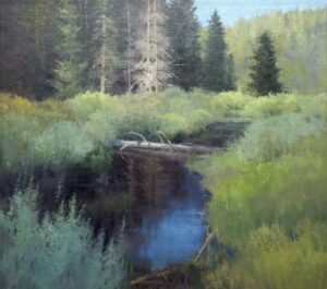 lanscape painting by Shanna Kunz of a quiet mountain stream that has a fallen log across it