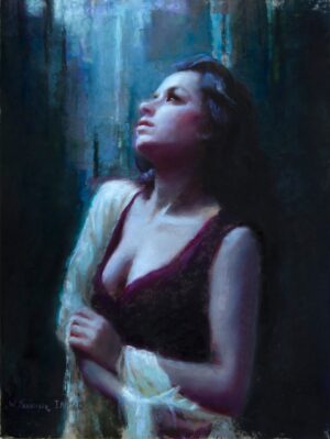 figural painting by William Schneider of a beautiful woman gazing upward, with a soft light shining down on her