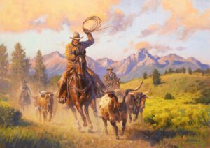 figural painting by Steve Atkinson of a Cowboy on his horse chasing after a calf