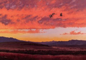 figural painting by Jim Bortz of a flock of birds flying in from of a purple-red hued sunset