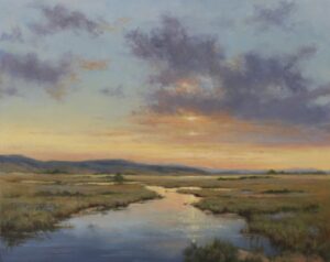landscape painting by Paula Joltzclaw of a creek meandering through a grassy area, with a big sky with clouds in the background.