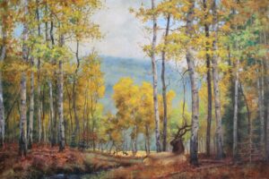 landscape painting by Dave English that depicts aspens in the forground and a valley view, with a backdrop of mountains