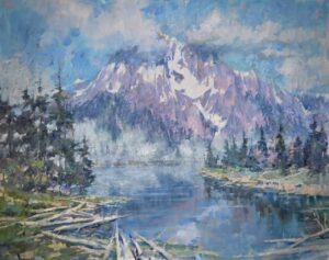 landscape paintin gby John Michael Carter of a snow cursted mountain being reflected in a lake