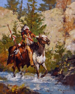 figural painting by C Michael Dudash of a native american warrior seated on his horse wearing a headdress