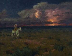 painting by brandon bailey of a native american riding a horse at the end of a beautiful sunset