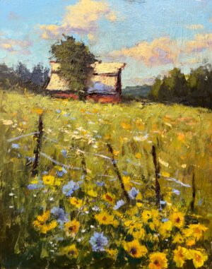 landscapee painting by Romona Younquist of a field of wildflowers with a white barn in the background