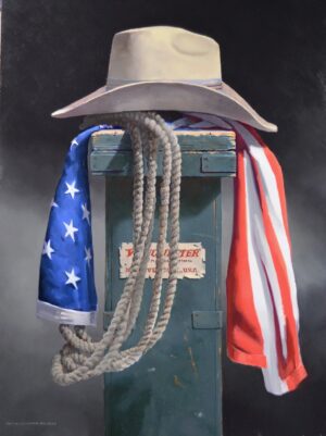 Still life painting by Rich Alexander of a american flag, white cowboy hat, and a white rope displayed on a pedestal