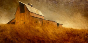 landscape painting by CHarlie Hunter of an old barn with a grey cloudy sky overhead