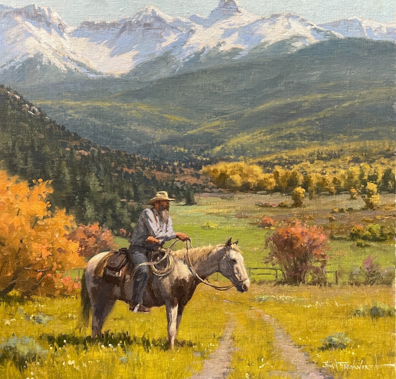 landscape painting by bill farnsworth of a cowboy sitting on his horse looking over a valley with snow-capped mountains ni the background