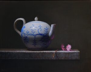 still life painting by Jeremy Gooddding of a white porcelain teapot with blue flowers