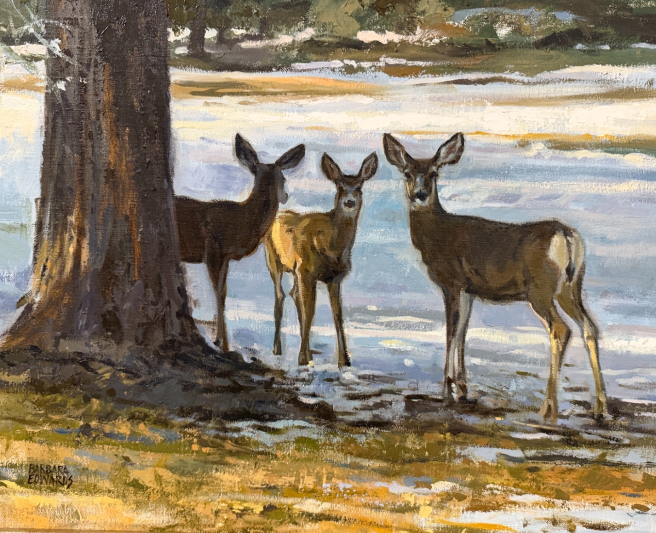 figuraloil painting by Barbara Summers Edwards of three deer facing forward under a tree with a snowy background. Available at Illume Gallery West.