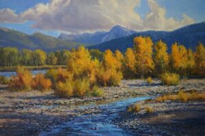 landscape painting by Aaron Schuerr of a river lined with golden aspens