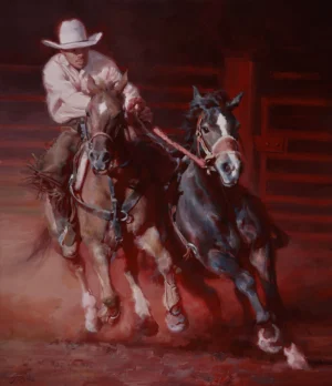 Original oil painting by Jason Rich of a cowboy on a horse running at full speed while holding the rain of another horse