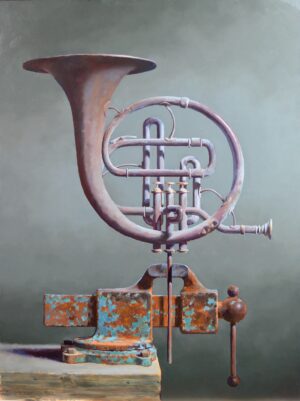 Sill liife oil painting by Rich Alexander of a french horn in a bench vise. Available at Illume Gallery West.