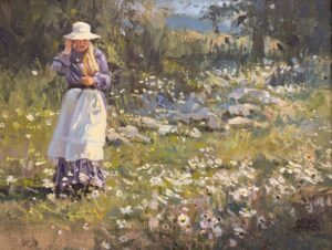 figural oil painting by Barbara Summers Edwards of a lady in a white hat, a purple dress, and a white apron. Available at Illume Gallery West.