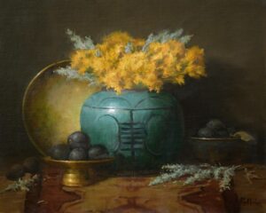 still life painting by Elizabeth Robbins of some yellow flowers in an aqua pottery vase