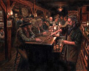 painting by Tony d'Amico of friends in a bar setting