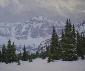 landscape painting by Aaron Schuerr of a winter scene with snow covered ground, pine trees in the foreground and mountains in the background