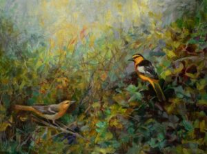 painting by Tamsen Taves of two Orioles resting on a wildflower garden