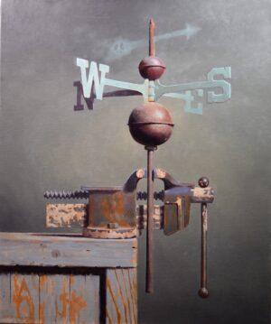 Original Still life oil painting by Rich Alexander of a weathervane in bench vise with a peace symbol imposed like a cloud in the background. This painting is available at Illume Gallery West.