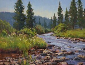 landscape painting by Aaron Schuerr of a vibrant summer view of Ross Creek in Montana