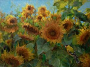 Painting by Tamsen Taves of a bunch of sunflowers with two goldfinches