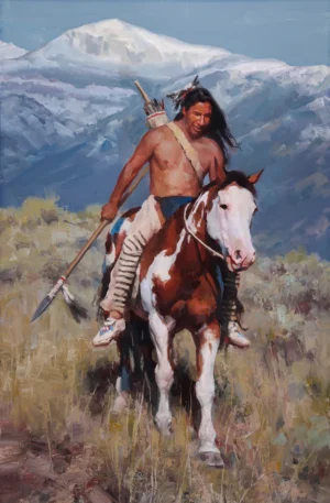 Original Oil painting by Jason Rich of a native american man on a horse with mountains in the background
