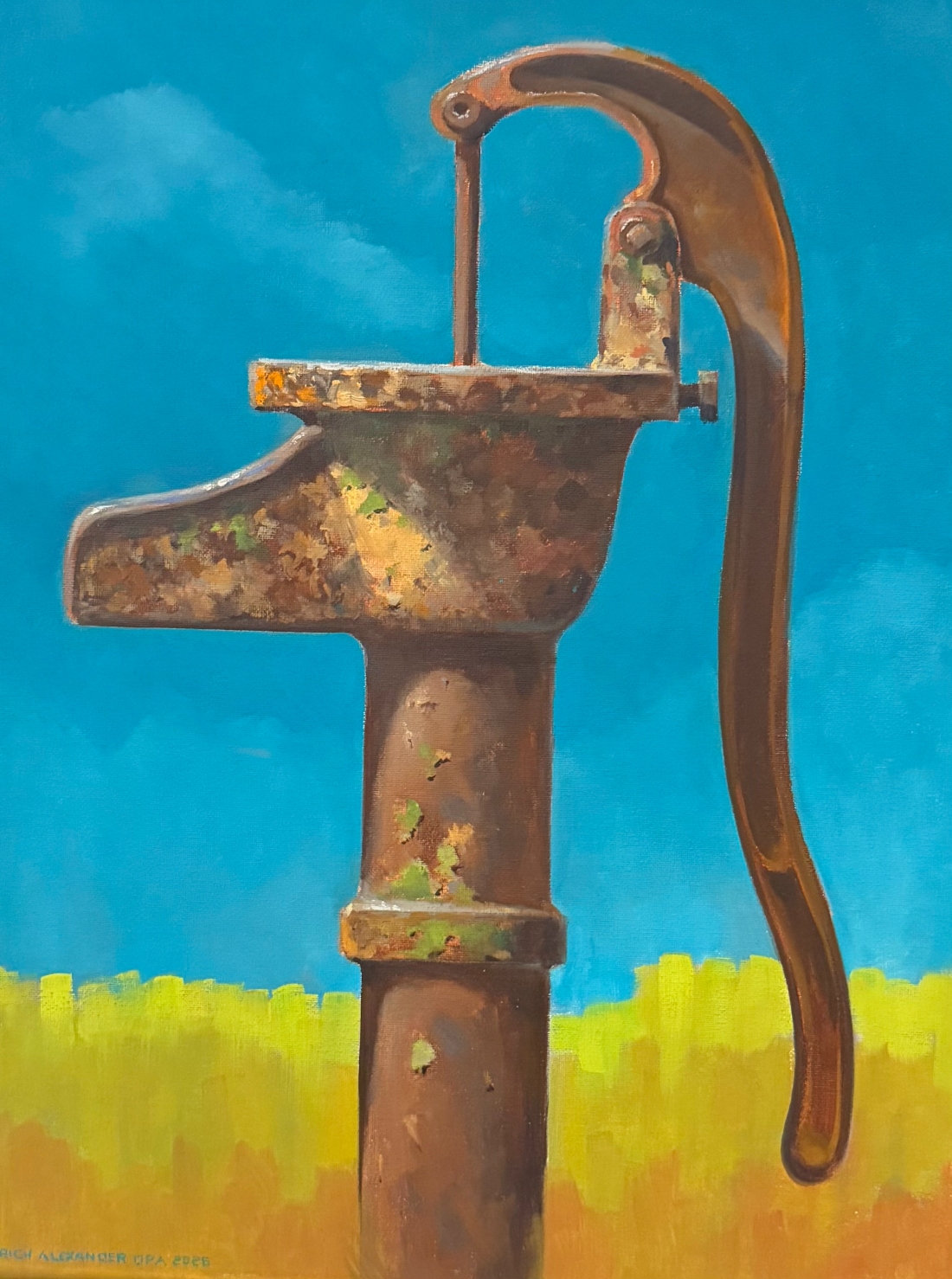 Oil painting by Rich Alexander of a worn, vintage hand pump against a bright blue background. This work is available at Illume Gallery West in Philipsburg, Montana.