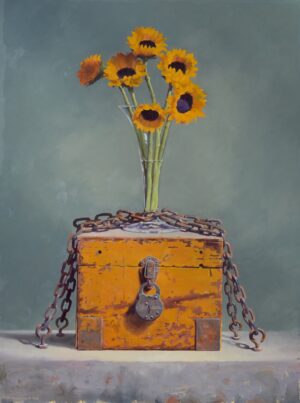 Origina; Sill liife oil painting by Rich Alexander of a small bunch of sunflowers chained to a wooden box. Available at Illume Gallery West.